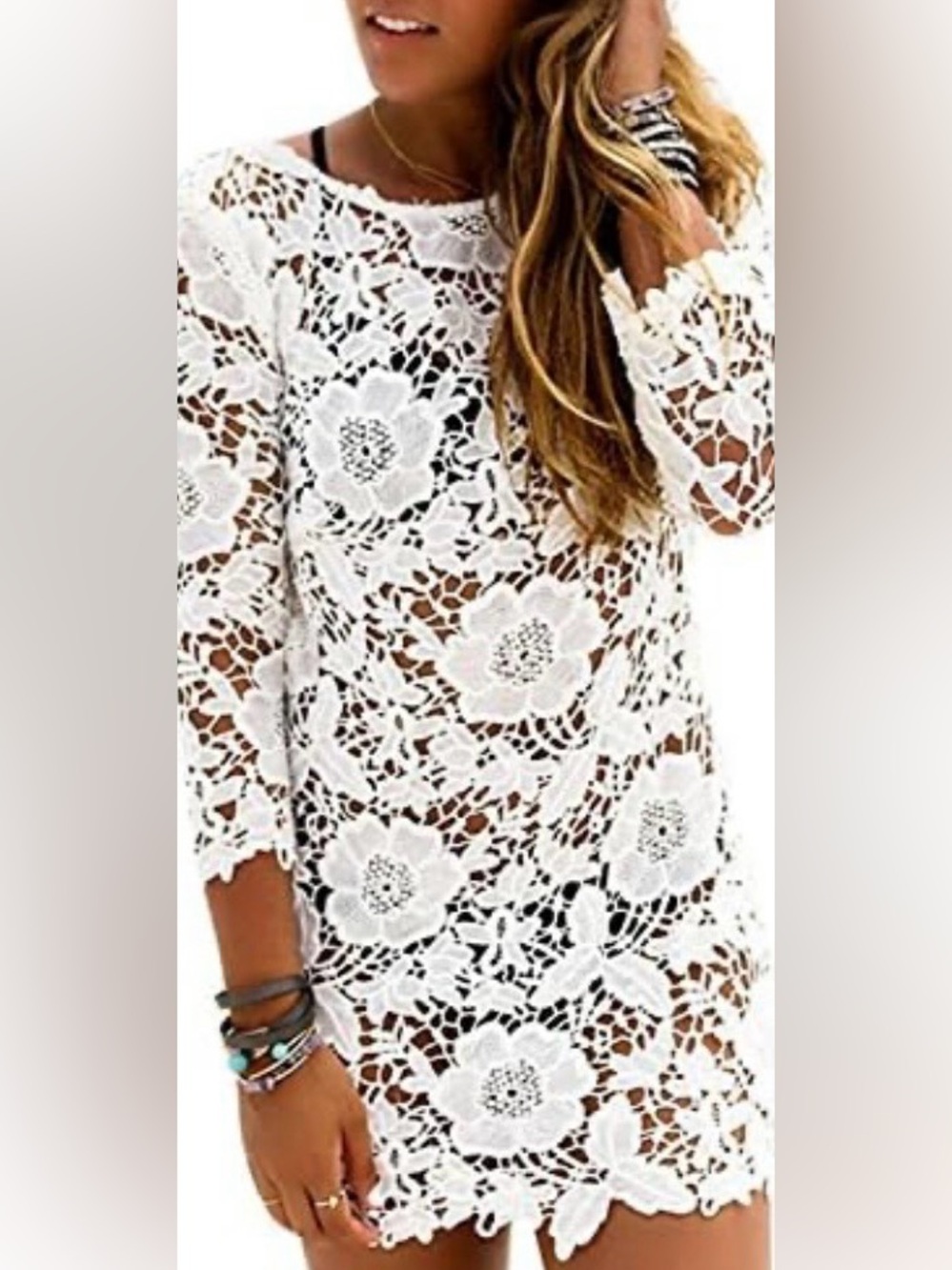 Cupshe White Floral Crochet Lace Long Sleeve Beach Cover Up Dress